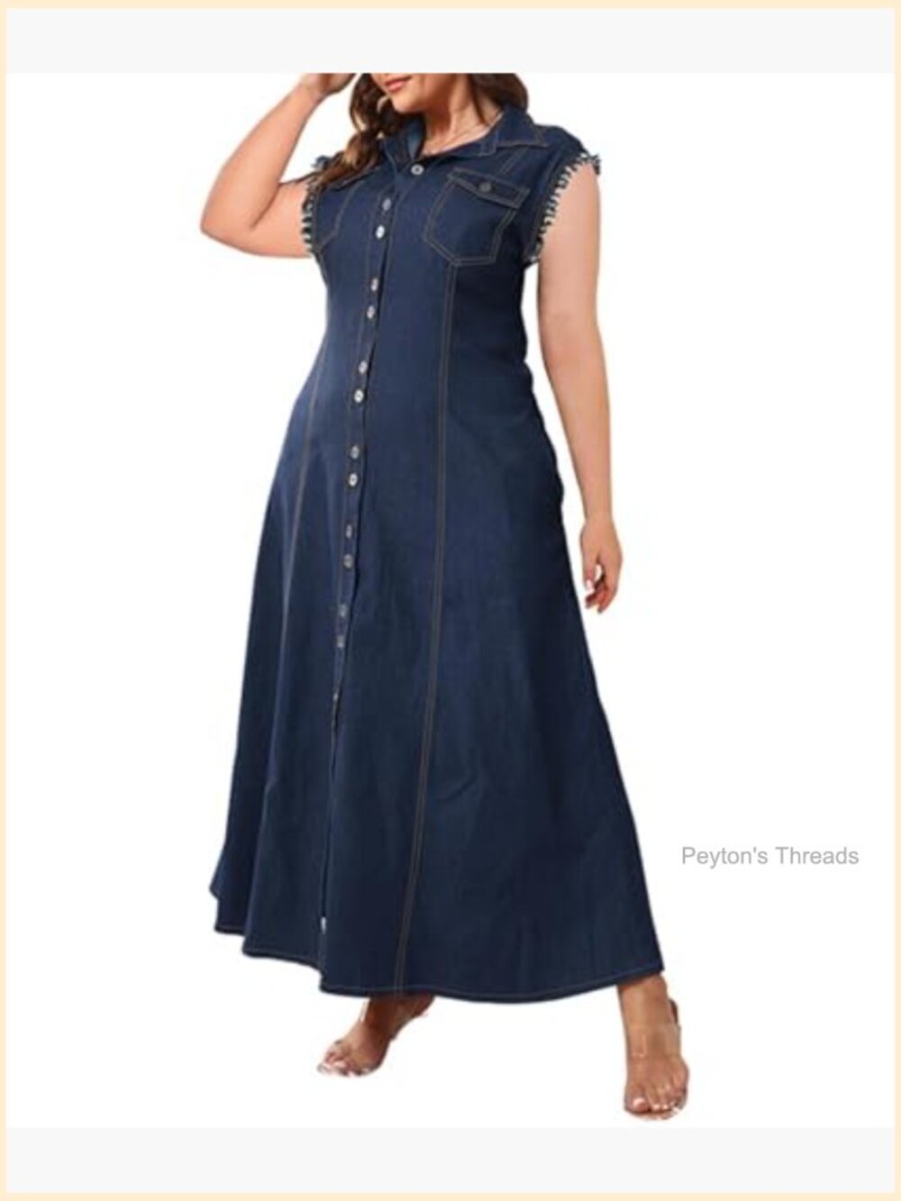 Denim Sleeveless Button Front A-Line Maxi Dress Plus Size - Picture 2 of 6